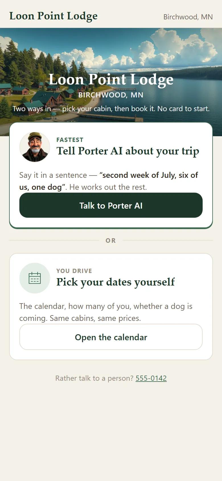 The LodgeOS booking screen with dates and an all-in price.