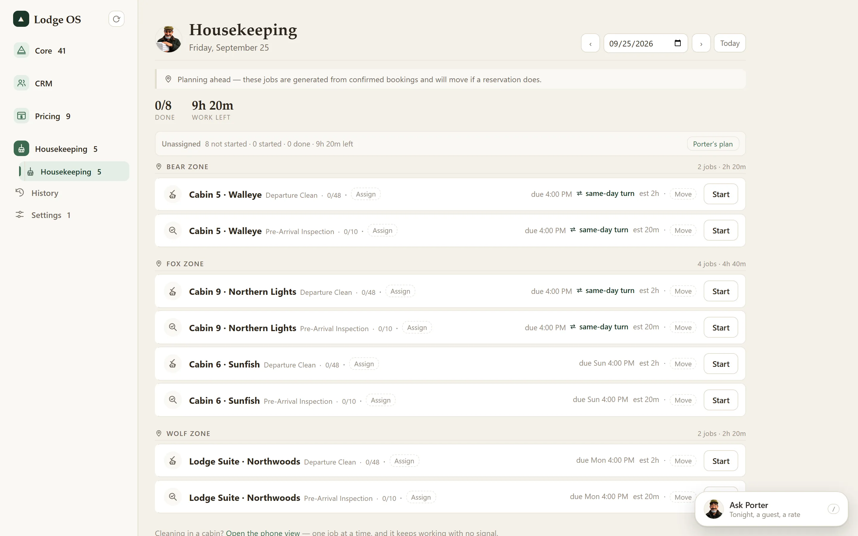 The LodgeOS housekeeping board with the day’s cleans.