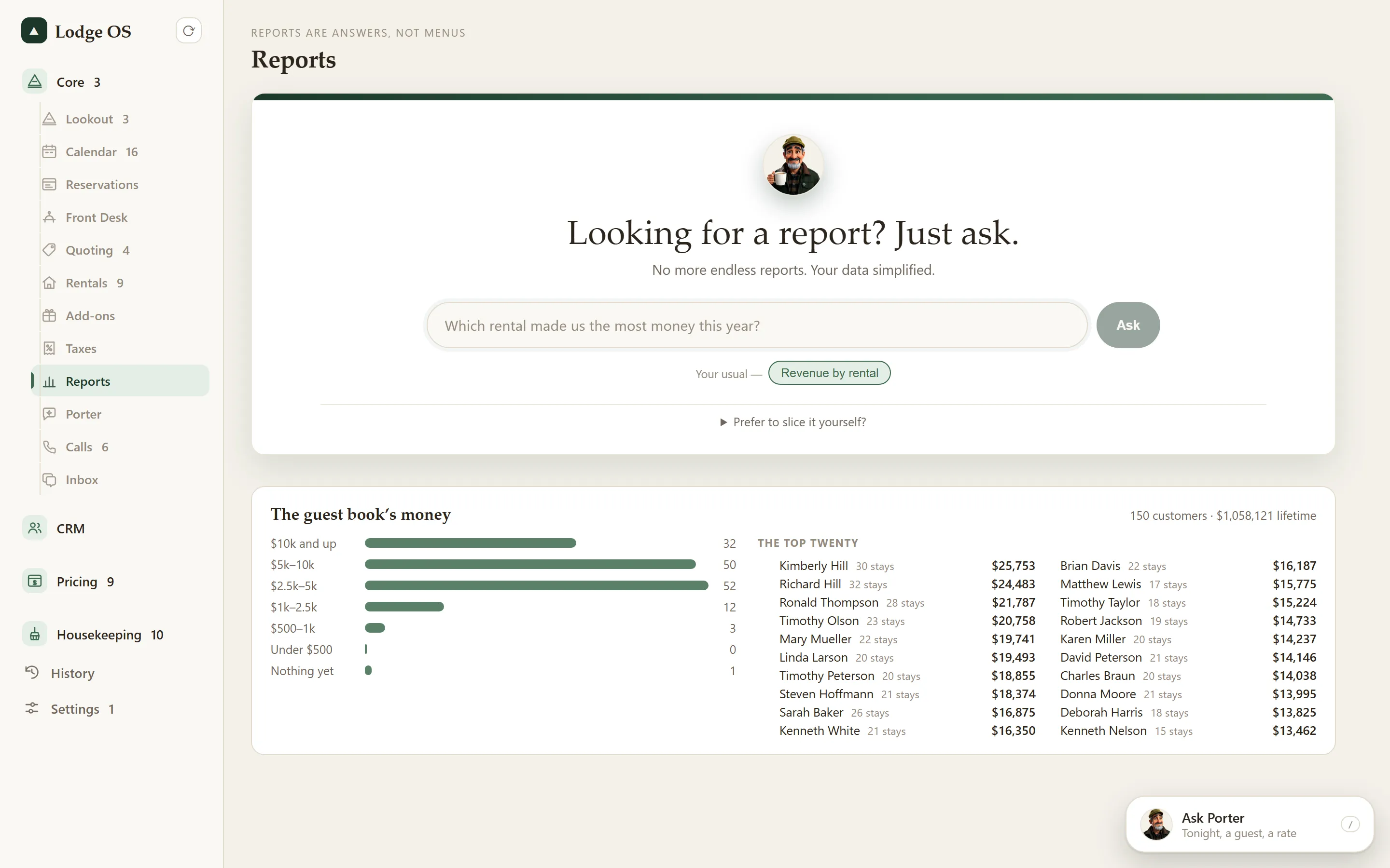 A LodgeOS report screen.