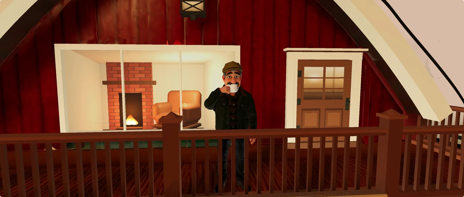 Porter on the balcony of his barn at sunset, coffee in hand